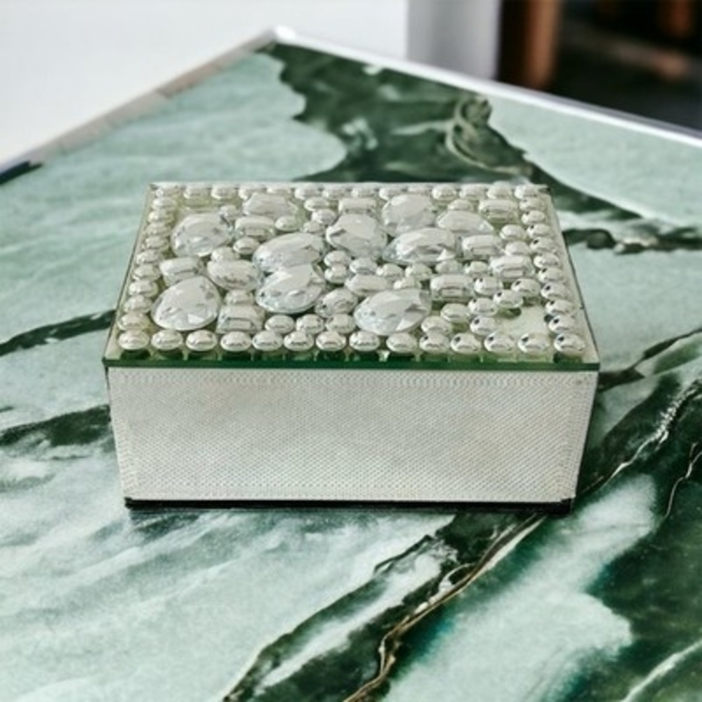 Rare 3D Crystal Drops Mirrored Jewelry Box 5" Velvet Lined Keepsake Trinket VG